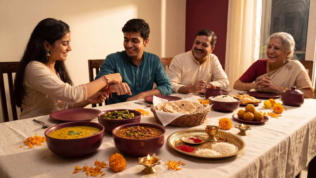 An Indian family celebrating Raksha Bandhan at home — a sister ties a rakhi on her brother's wrist beside a table of home-cooked dal, sabzi, roti and rice