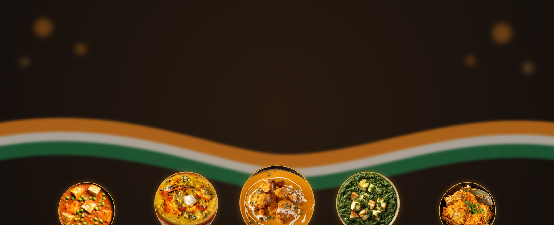 Saakshi's dishes — dal tadka, butter chicken, palak paneer, matar paneer and chicken biryani — beneath a saffron, white and green ribbon
