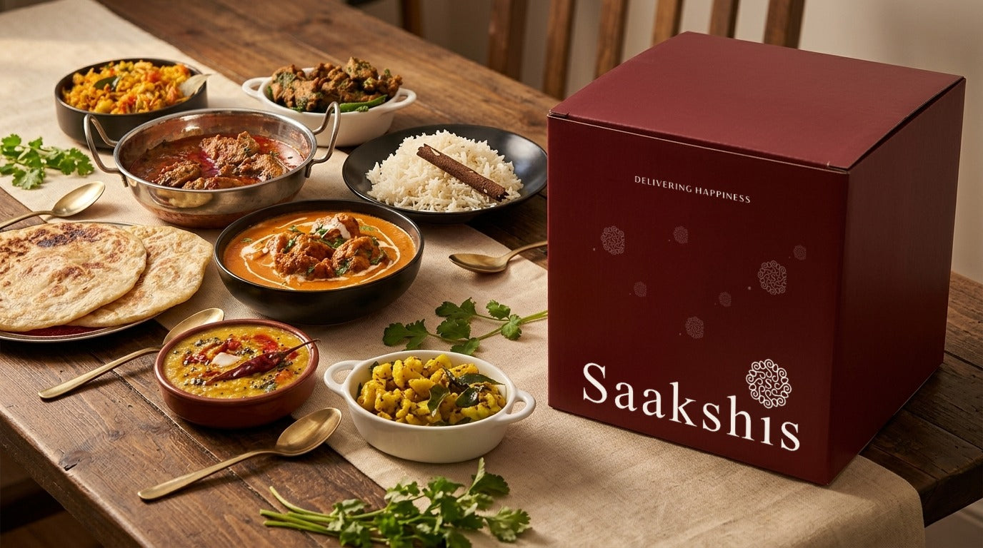 Saakshi's kitchen-halal family feast — plated Indian meals and the maroon box on a family table