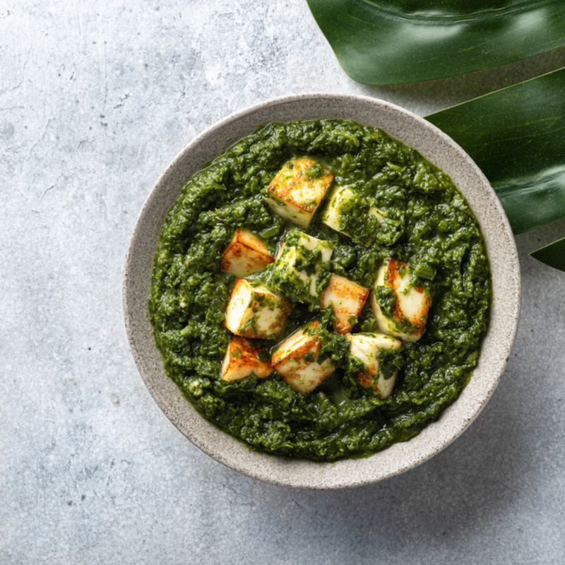 Palak paneer plated — spinach curry with paneer cubes, Saakshi's vegetarian Indian meal delivery